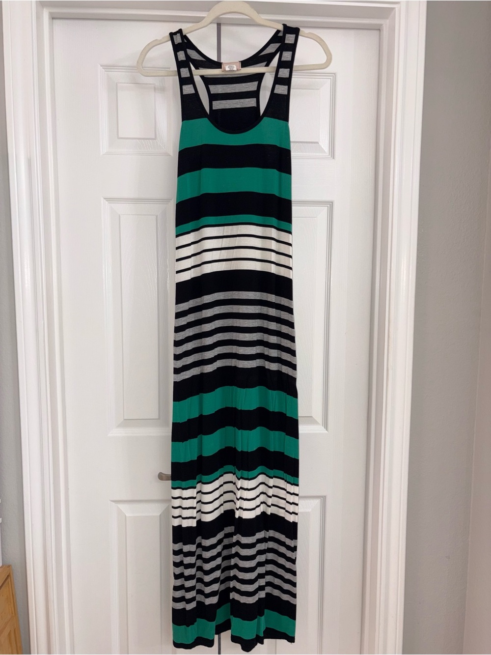 love...ady Black, Green & White Striped Sleeveless Maxi Dress